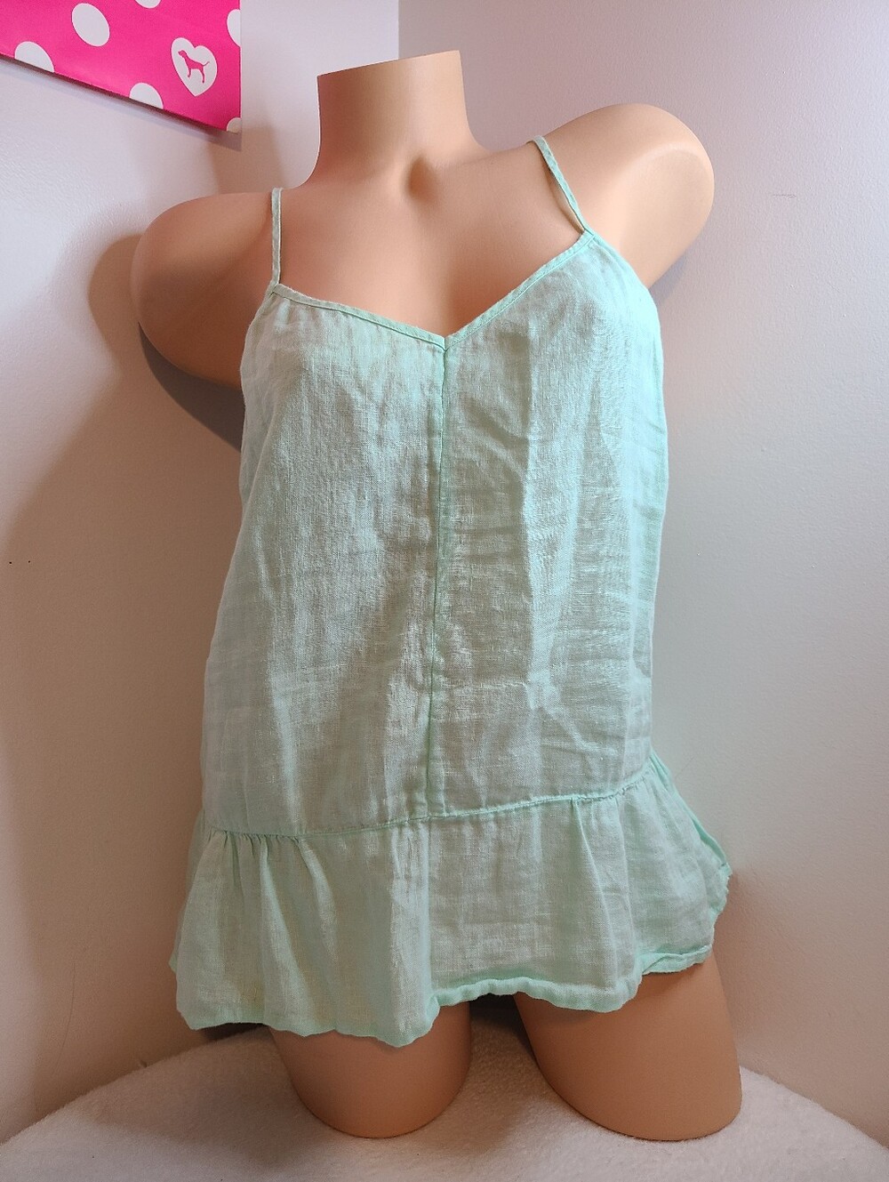 Y2K J. Crew 100% Linen Light Mint Ruffle-Hem Camisole Size 6